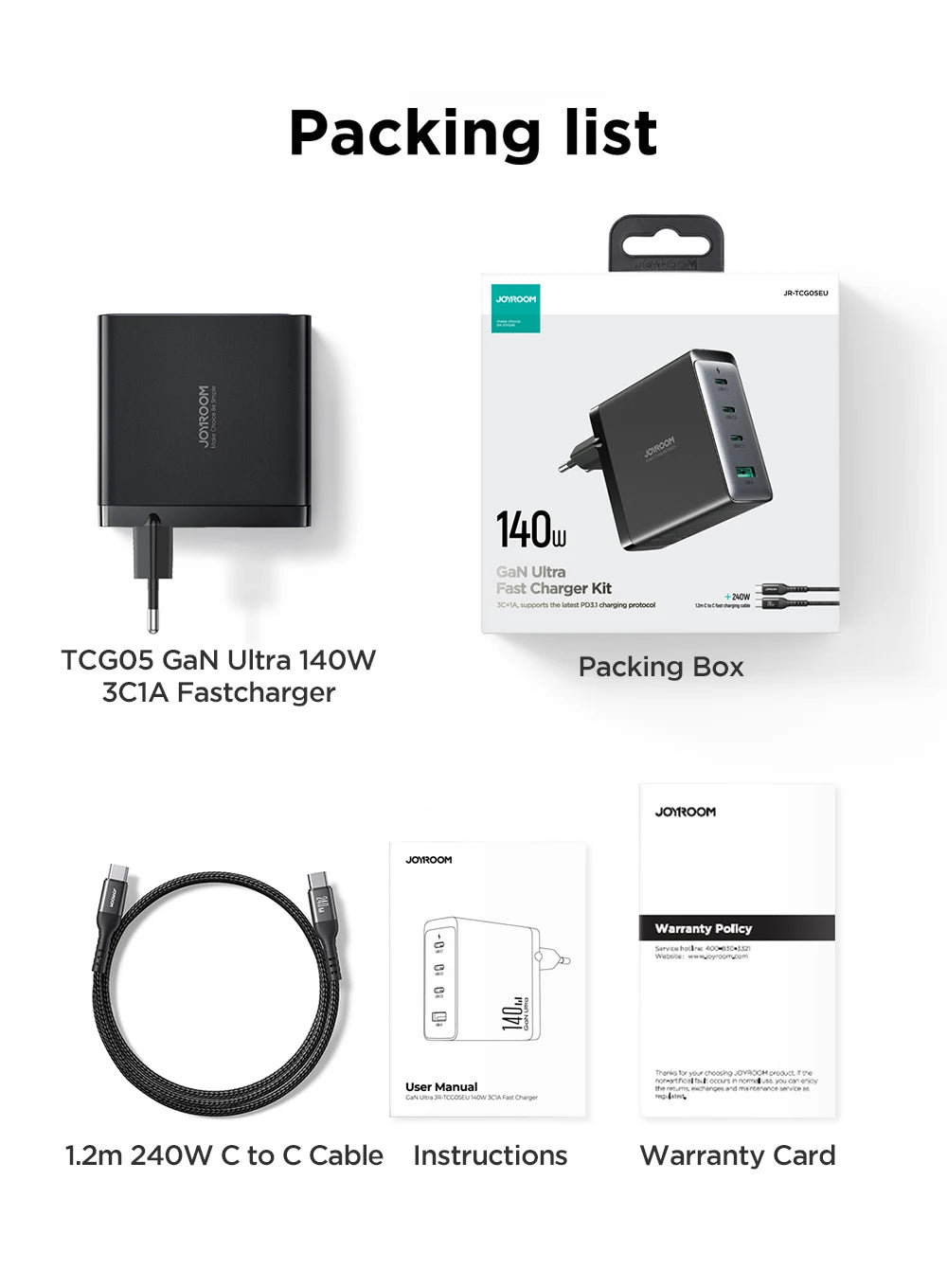 JOYROOM 140W GaN USB Charger PD3.1 Fast Charging 3USB C 1 USB A For MacBook Laptop iPhone 15 14 13 Samsung with 240W Typec Cable