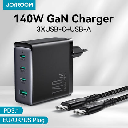 JOYROOM 140W GaN USB Charger PD3.1 Fast Charging 3USB C 1 USB A For MacBook Laptop iPhone 15 14 13 Samsung with 240W Typec Cable