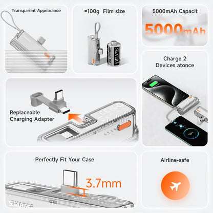 SHARGE Flow mini Power Bank Built-in replaceable USB-C Lightning connector 5000mAh Portable Charger