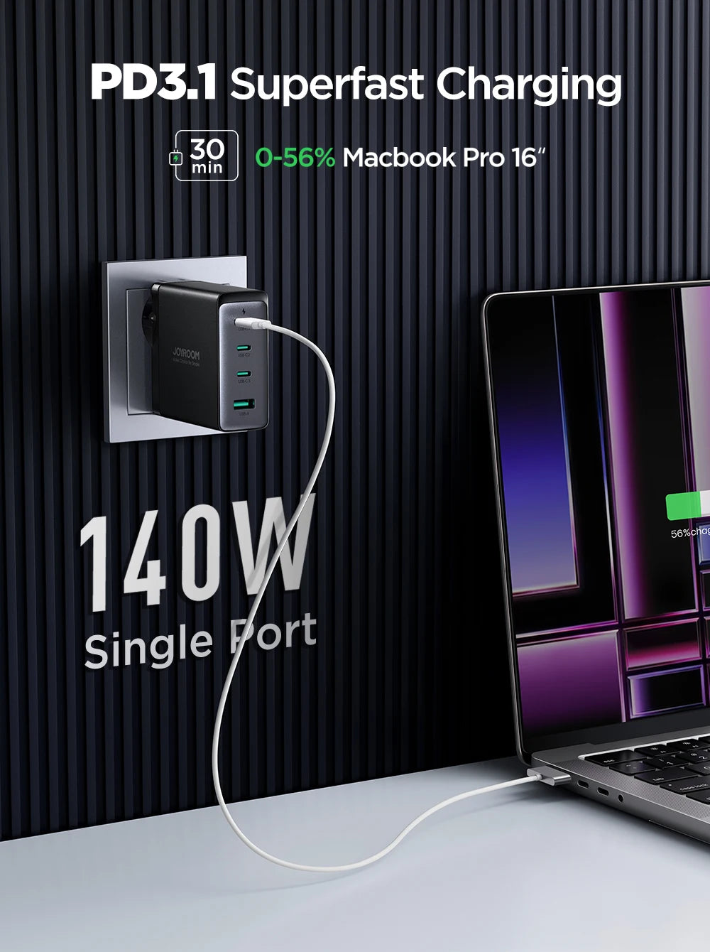 JOYROOM 140W GaN USB Charger PD3.1 Fast Charging 3USB C 1 USB A For MacBook Laptop iPhone 15 14 13 Samsung with 240W Typec Cable